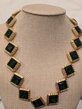 Catwalk Jon Gold-Tone Necklace with Emerald Green Square Stones